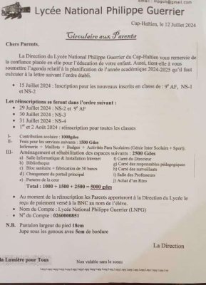 Nord/Éducation : 5000 Gdes réclamés pour les frais scolaires, un lycée défie le ministère