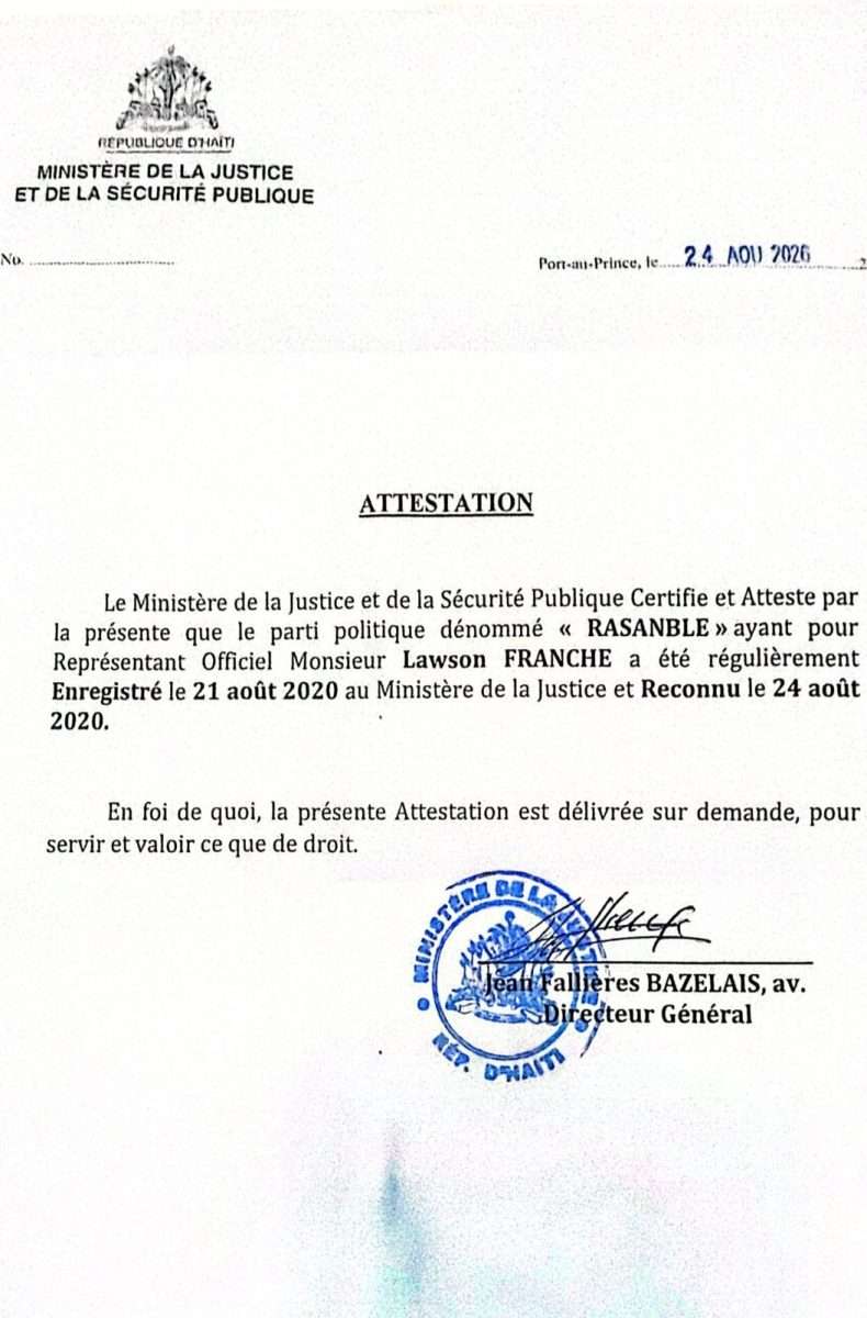 RASANBLE : les documents officiels placent Lawson Franche au cœur de la représentation du parti RASANBLE : les documents officiels placent Lawson Franche au cœur de la représentation du parti